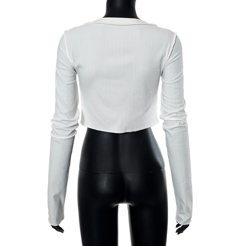 Cozy Chic White Ribbed Henley Crop Top | Long Sleeve Fall Essential for Women