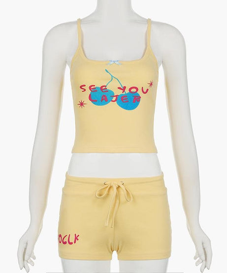 Y2K Cherry 'See You Later' Cami & Shorts Set - Comfy Loungewear for Cozy Fall Nights
