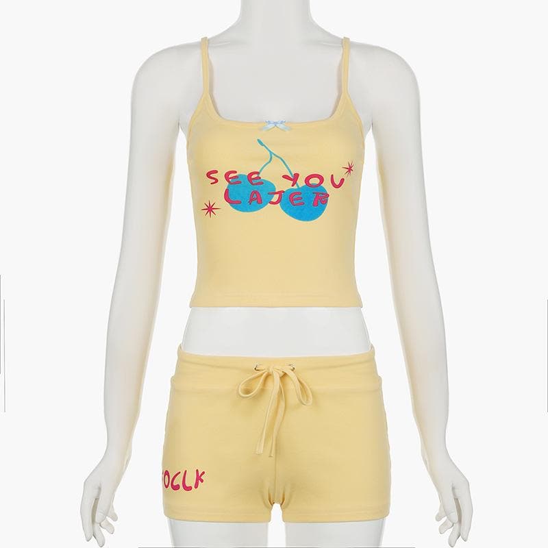 Y2K Cherry 'See You Later' Cami & Shorts Set - Comfy Loungewear for Cozy Fall Nights