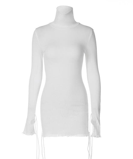 Sleek White Mock Neck Bodycon Mini Dress | Adjustable Drawstring Details for Fall Nights