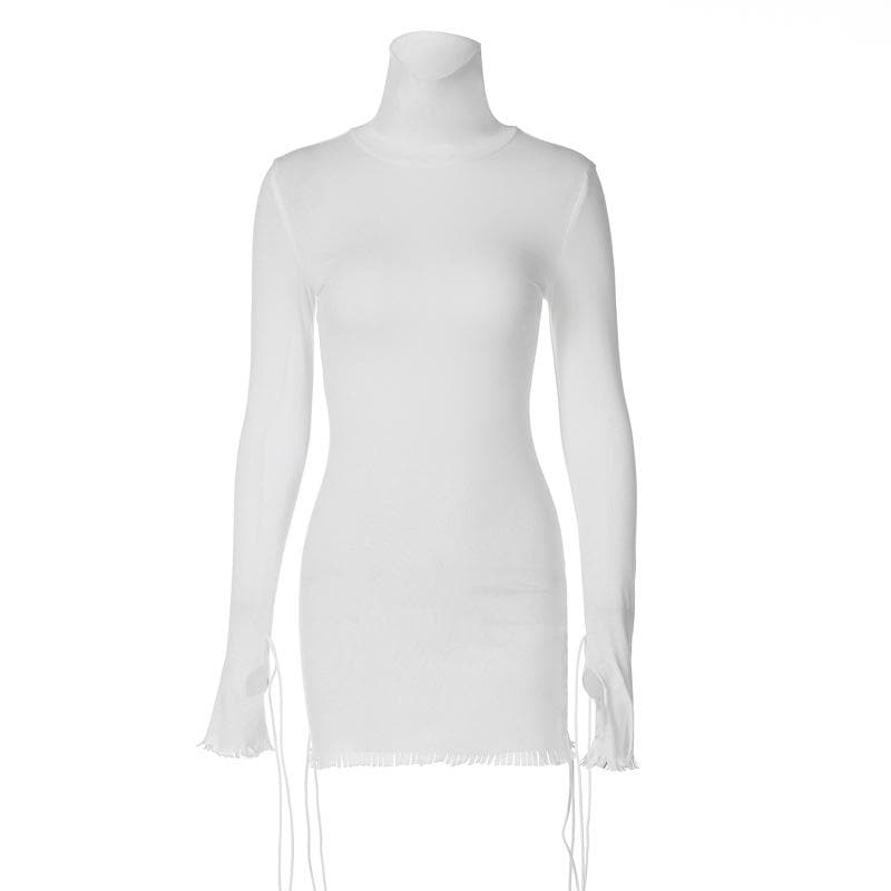 Sleek White Mock Neck Bodycon Mini Dress | Adjustable Drawstring Details for Fall Nights