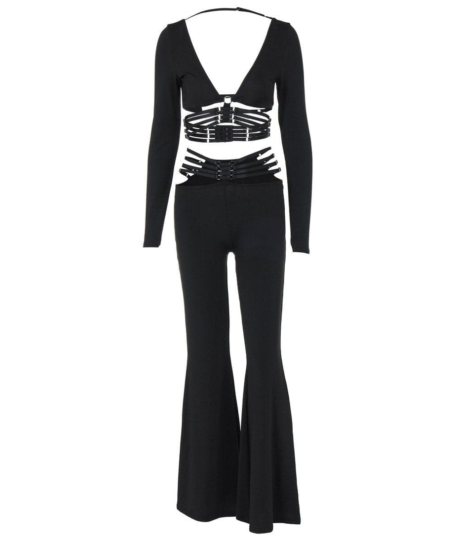 Fall Nights Out: The 'Unleashed' Black O-Ring Cutout Long Sleeve Top & Wide Leg Pant Set