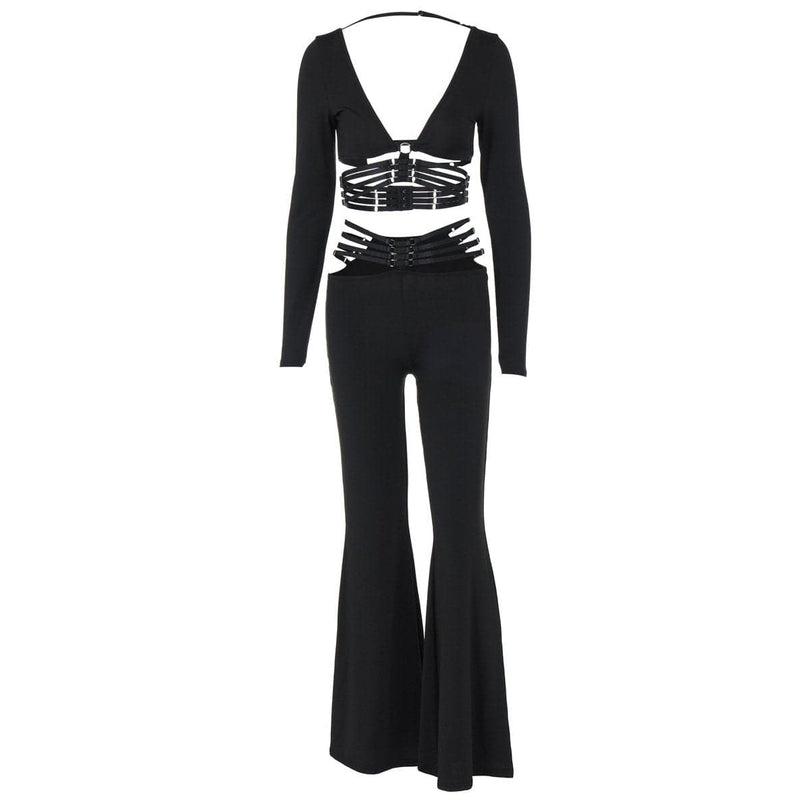 Fall Nights Out: The 'Unleashed' Black O-Ring Cutout Long Sleeve Top & Wide Leg Pant Set