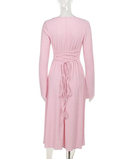 Cozy-Chic Blush Pink Ribbed Knit Midi Dress - Square Neck Long Sleeve for Fall