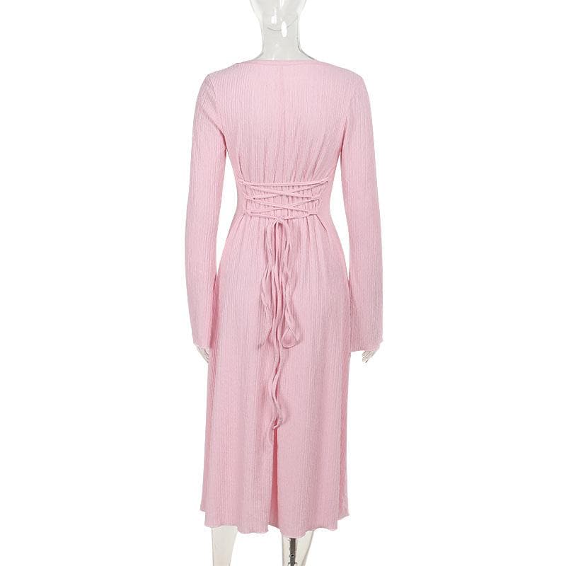 Cozy-Chic Blush Pink Ribbed Knit Midi Dress - Square Neck Long Sleeve for Fall