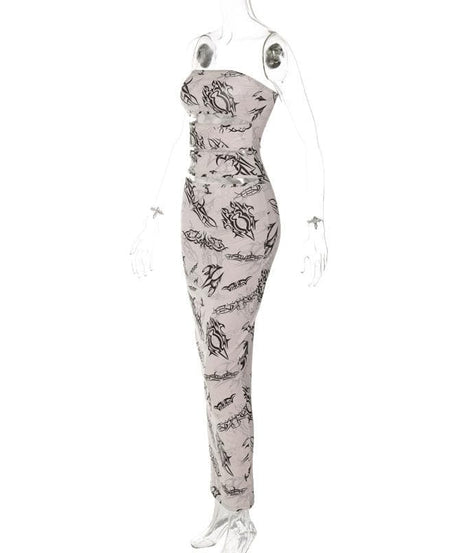 Y2K Tribal Tattoo Print Cut-Out Maxi Skirt & Tube Top Set - Edgy Fall Party & Halloween Glam