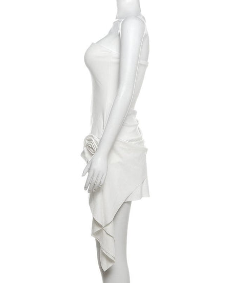 Glam White Strapless Mini Dress: Ruched Asymmetrical & 3D Floral – Fall & Holiday Event Ready