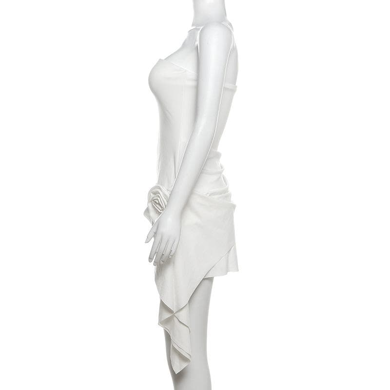 Glam White Strapless Mini Dress: Ruched Asymmetrical & 3D Floral – Fall & Holiday Event Ready