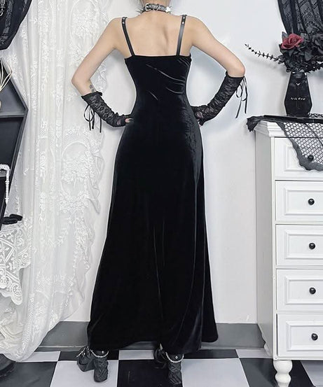 Midnight Velvet Maxi Dress with Star-Strap Neckline & High Slit - Fall & Holiday Party Glamour