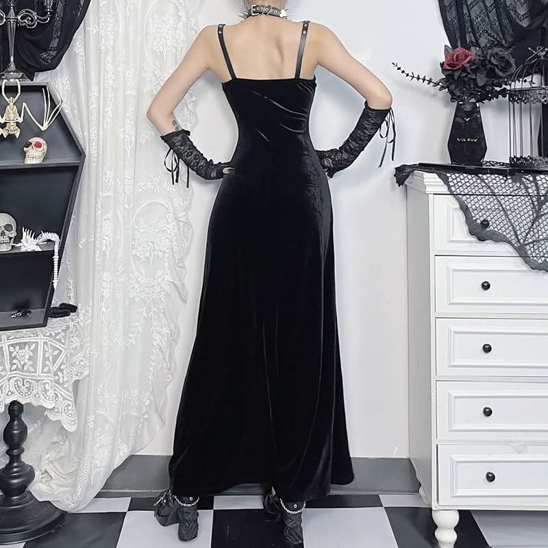 Midnight Velvet Maxi Dress with Star-Strap Neckline & High Slit - Fall & Holiday Party Glamour