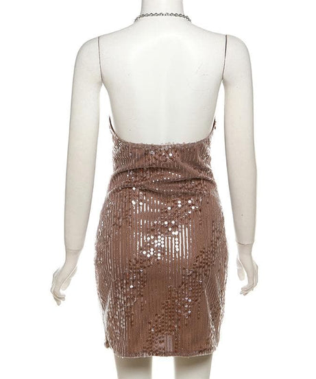 Dazzling Bronze Sequin Halter Cowl Neck Mini Dress - Your Holiday & NYE Party Essential