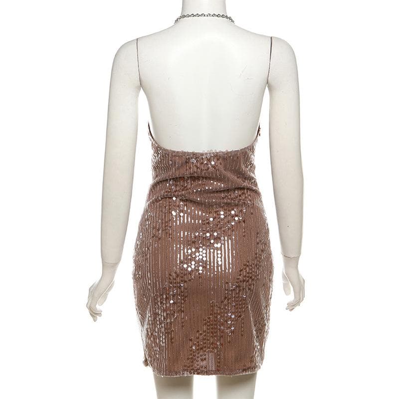 Dazzling Bronze Sequin Halter Cowl Neck Mini Dress - Your Holiday & NYE Party Essential