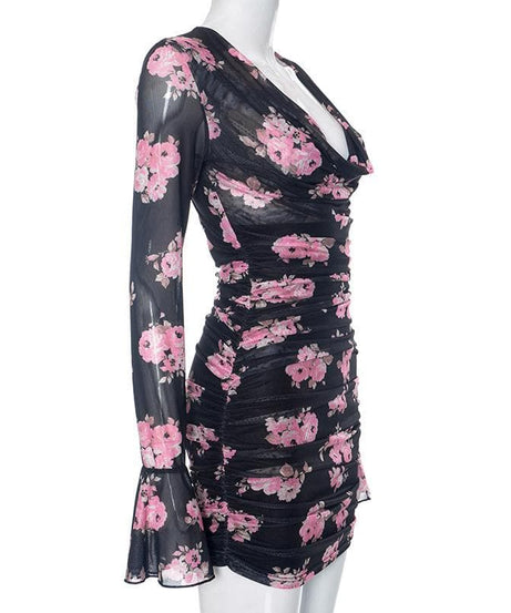 Enchanting Fall Floral Mesh Mini Dress | Chic Cowl Neck & Bell Sleeves