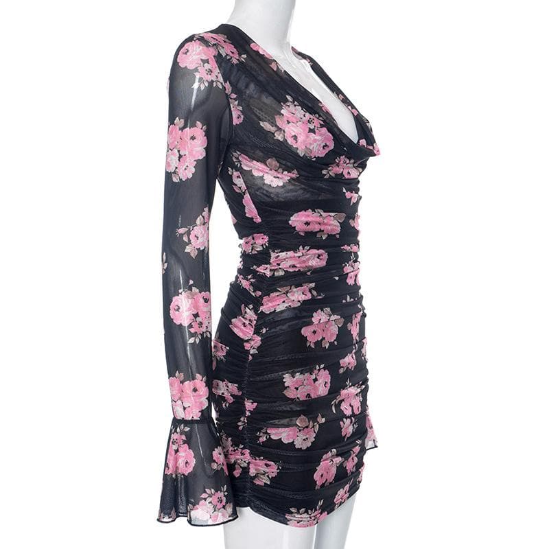 Enchanting Fall Floral Mesh Mini Dress | Chic Cowl Neck & Bell Sleeves