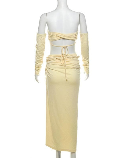 Effortless Glam 3-Piece Set: Strapless Bandeau Top, High-Slit Maxi Skirt & Statement Sleeves – Perfect for Fall Getaways & Events