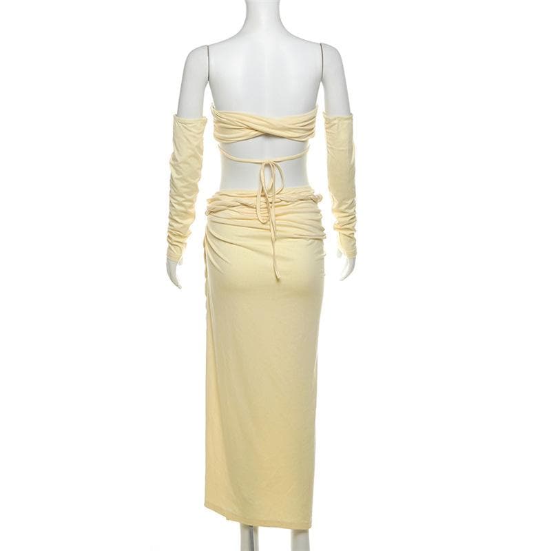 Effortless Glam 3-Piece Set: Strapless Bandeau Top, High-Slit Maxi Skirt & Statement Sleeves – Perfect for Fall Getaways & Events