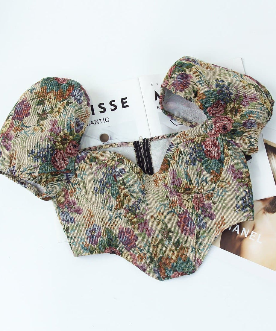 Vintage Bloom Tapestry Floral Bustier Crop Top with Puff Sleeves - Fall 2025 Collection