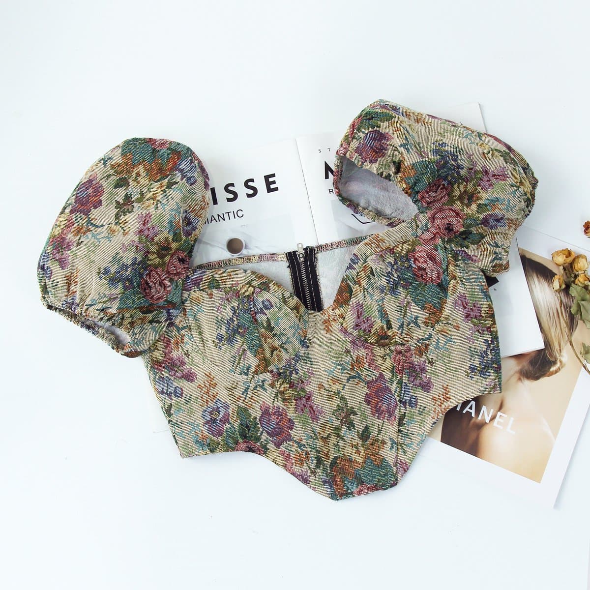 Vintage Bloom Tapestry Floral Bustier Crop Top with Puff Sleeves - Fall 2025 Collection