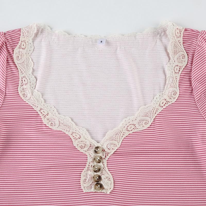 Chic Pink Striped Lace Henley Top – Cozy Fall Essential for Women