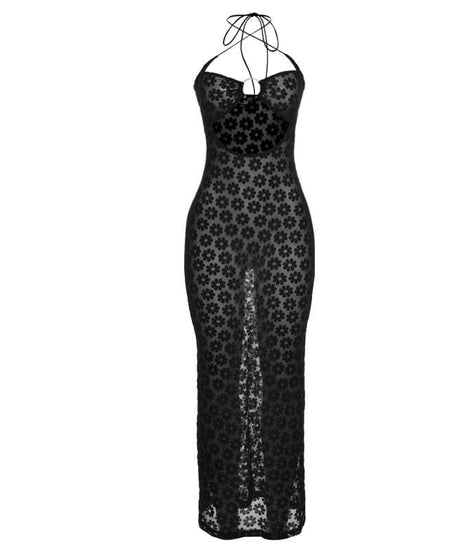 Black Floral Sheer Halter Maxi Dress with O-Ring Cutouts - Y2K Style for Fall Parties & Nights Out