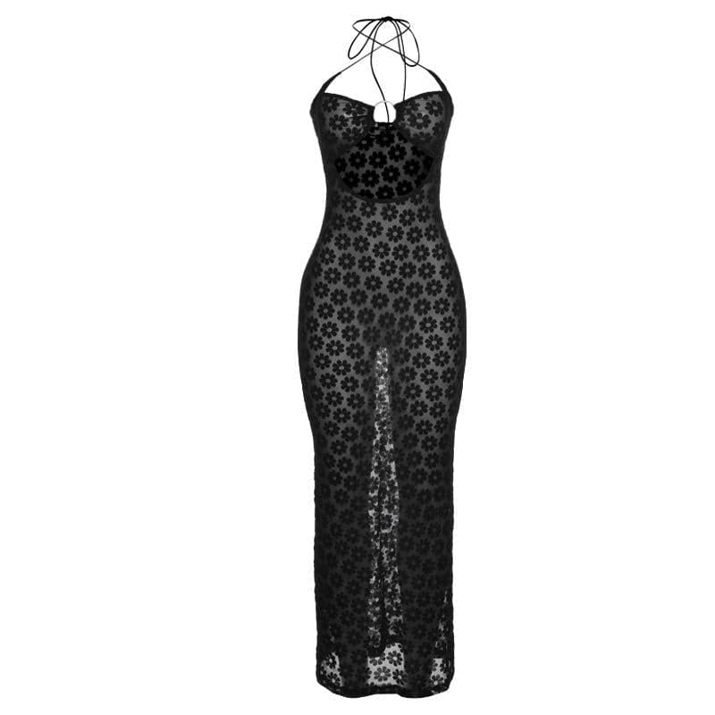 Black Floral Sheer Halter Maxi Dress with O-Ring Cutouts - Y2K Style for Fall Parties & Nights Out
