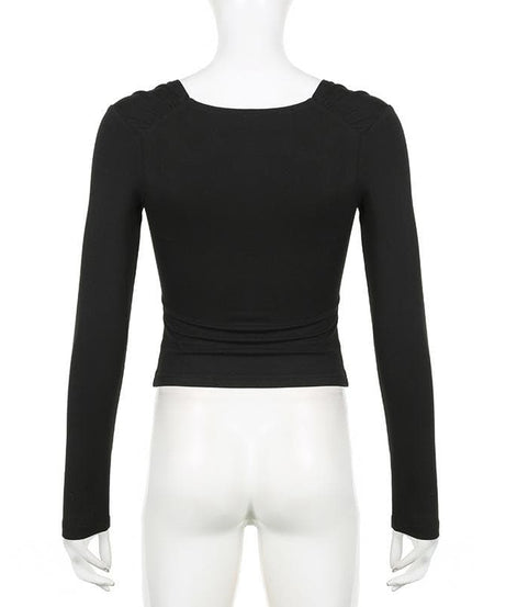 Elevated Fall Chic: Black V-Neck Long Sleeve Top with Satin Ruffle Detail