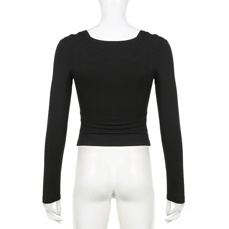 Elevated Fall Chic: Black V-Neck Long Sleeve Top with Satin Ruffle Detail