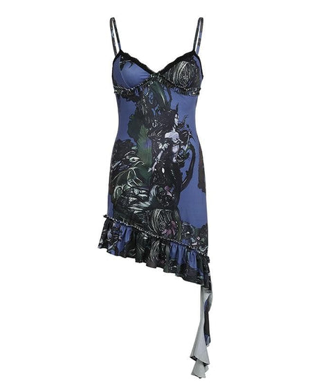 Mystic Bloom Dark Fantasy Slip Dress - Lace Trim Cami Mini for Edgy Fall Nights & Halloween