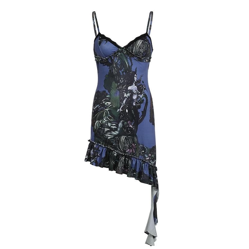 Mystic Bloom Dark Fantasy Slip Dress - Lace Trim Cami Mini for Edgy Fall Nights & Halloween