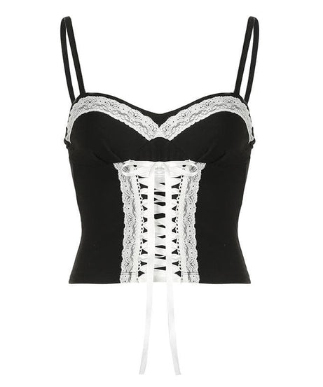 Dark Romance Sweetheart Corset Cami Top - Black & White Lace-Up Elegance