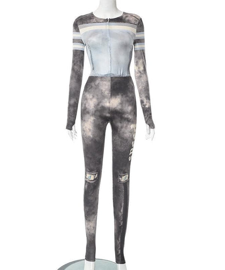Fall Edgy Cloud Print Matching Set - Women's Zip-Up Top & Leggings with Money Patches