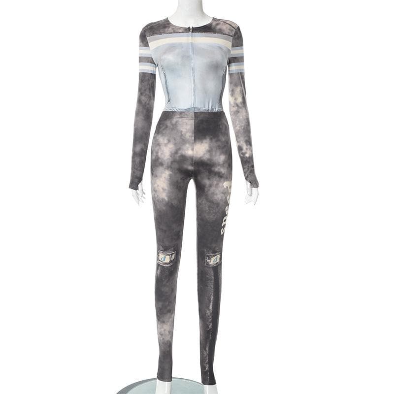 Fall Edgy Cloud Print Matching Set - Women's Zip-Up Top & Leggings with Money Patches