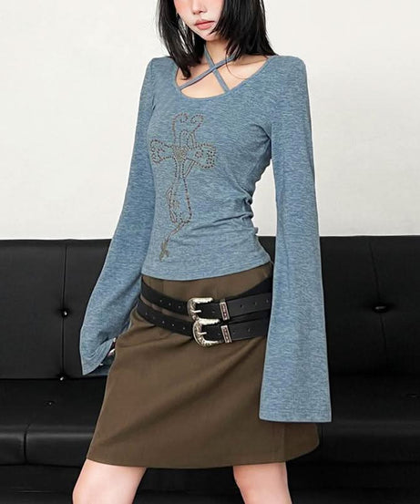 Fall Vibes Y2K Rhinestone Cross Criss-Cross Neck Long Sleeve Top with Flared Cuffs