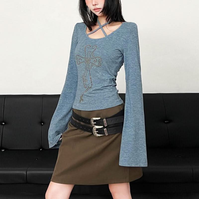 Fall Vibes Y2K Rhinestone Cross Criss-Cross Neck Long Sleeve Top with Flared Cuffs