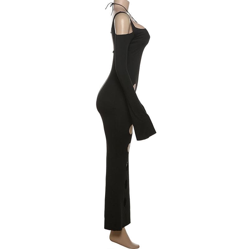 Showstopper Halter Cut-Out Maxi Dress - Edgy Black Bodycon for Fall & Holiday Parties