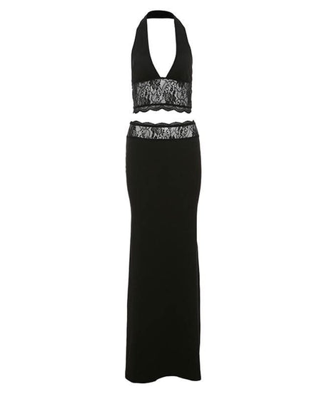 Timeless Black Lace Halter Crop Top & Mermaid Maxi Skirt Set - Your Go-To for Fall & Holiday Glamour