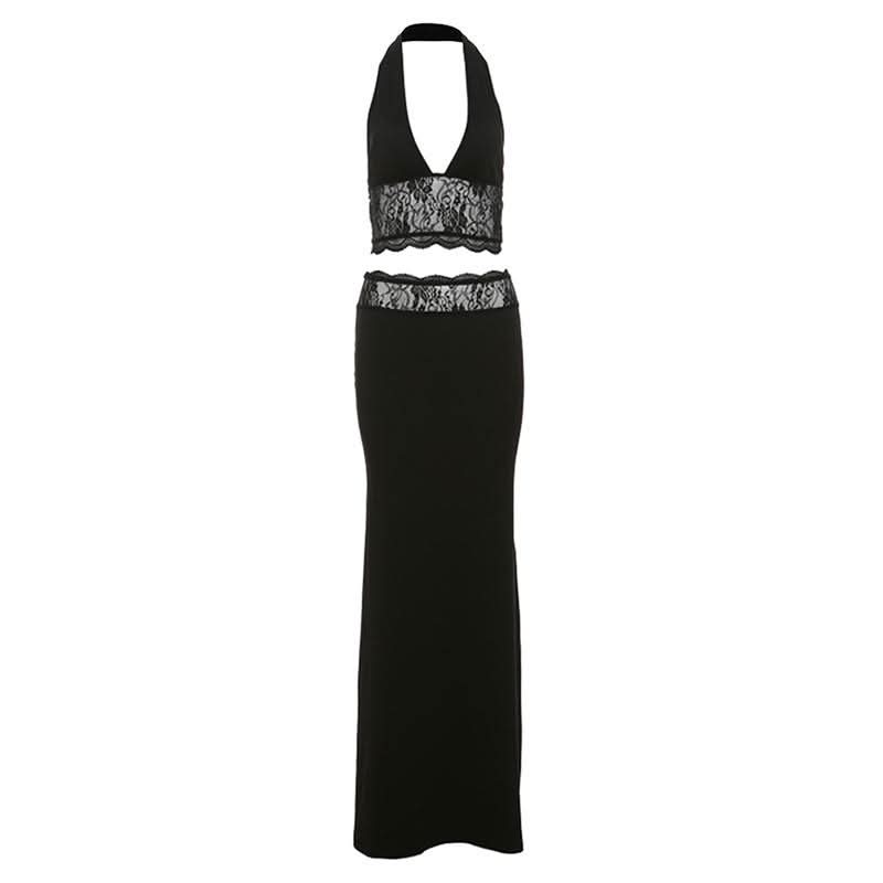 Timeless Black Lace Halter Crop Top & Mermaid Maxi Skirt Set - Your Go-To for Fall & Holiday Glamour