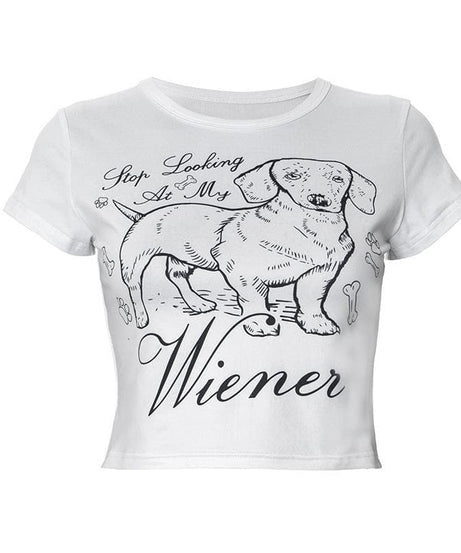 Sassy 'Stop Looking At My Wiener' Dachshund Crop Top - Fall's Funniest Graphic Tee for Dog Moms