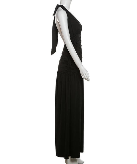 Alluring Black Halter V-Neck Ruched Backless Maxi Dress - Your Fall & Holiday Party Statement
