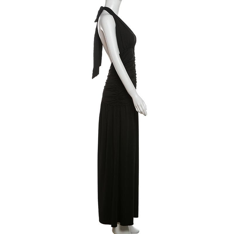 Alluring Black Halter V-Neck Ruched Backless Maxi Dress - Your Fall & Holiday Party Statement