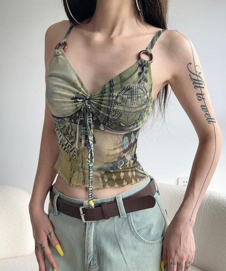 Y2K Boho Chic Patchwork Mesh Cami Top - O-Ring Ruched Detail for Fall