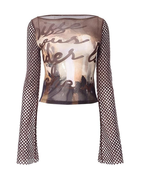 Artistic Mesh Bell Sleeve Top - Edgy Fall Graphic Long Sleeve for Women