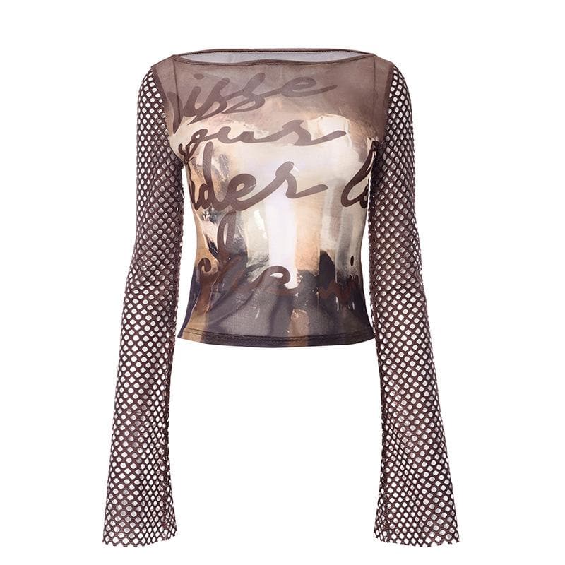 Artistic Mesh Bell Sleeve Top - Edgy Fall Graphic Long Sleeve for Women