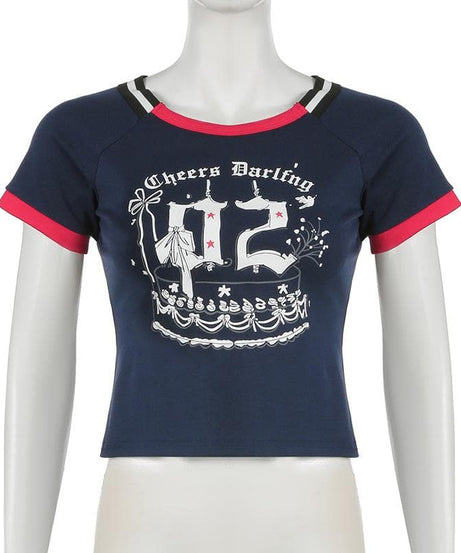 Cheers Darling Sky Blue Graphic Fitted Tee - Y2K Inspired Celebration Top for Fall