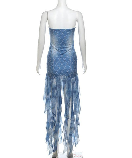 Statement-Making Denim-Look Diamond Tube Dress with Flowing Fringe Hem | Fall Party Ready