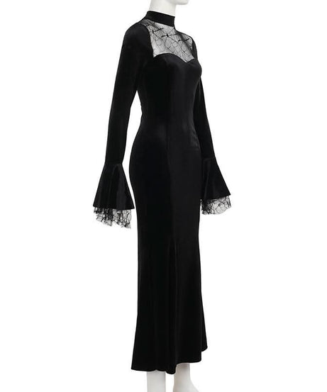 Haute Halloween: Black Velvet Spiderweb Maxi Dress - Elegant Gothic Glamour