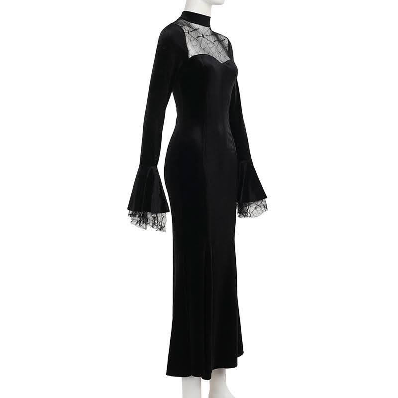 Haute Halloween: Black Velvet Spiderweb Maxi Dress - Elegant Gothic Glamour