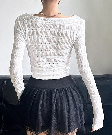 Edgy Fall Textured Crop Top | Square Neck Bow Cut-Out Long Sleeve
