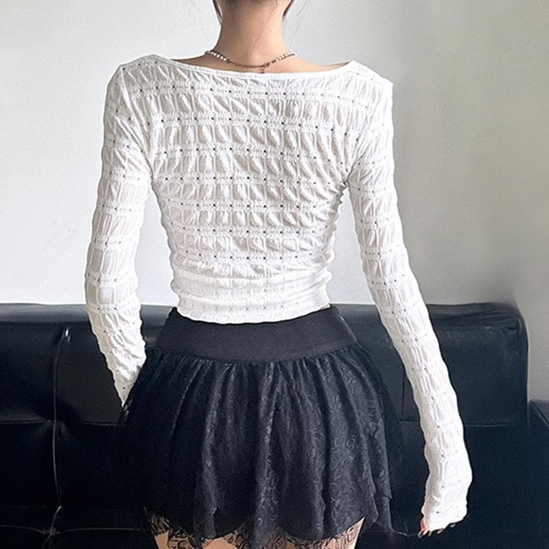 Edgy Fall Textured Crop Top | Square Neck Bow Cut-Out Long Sleeve