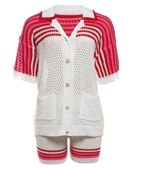 Cozy Knit Polo Top & Shorts Set - Effortless Green & White Fall Loungewear